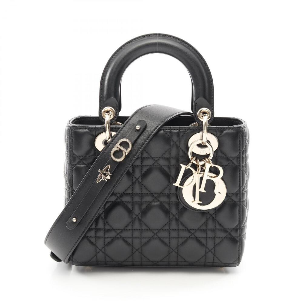 Christian Dior Lady Cannage Handbag Leather Black